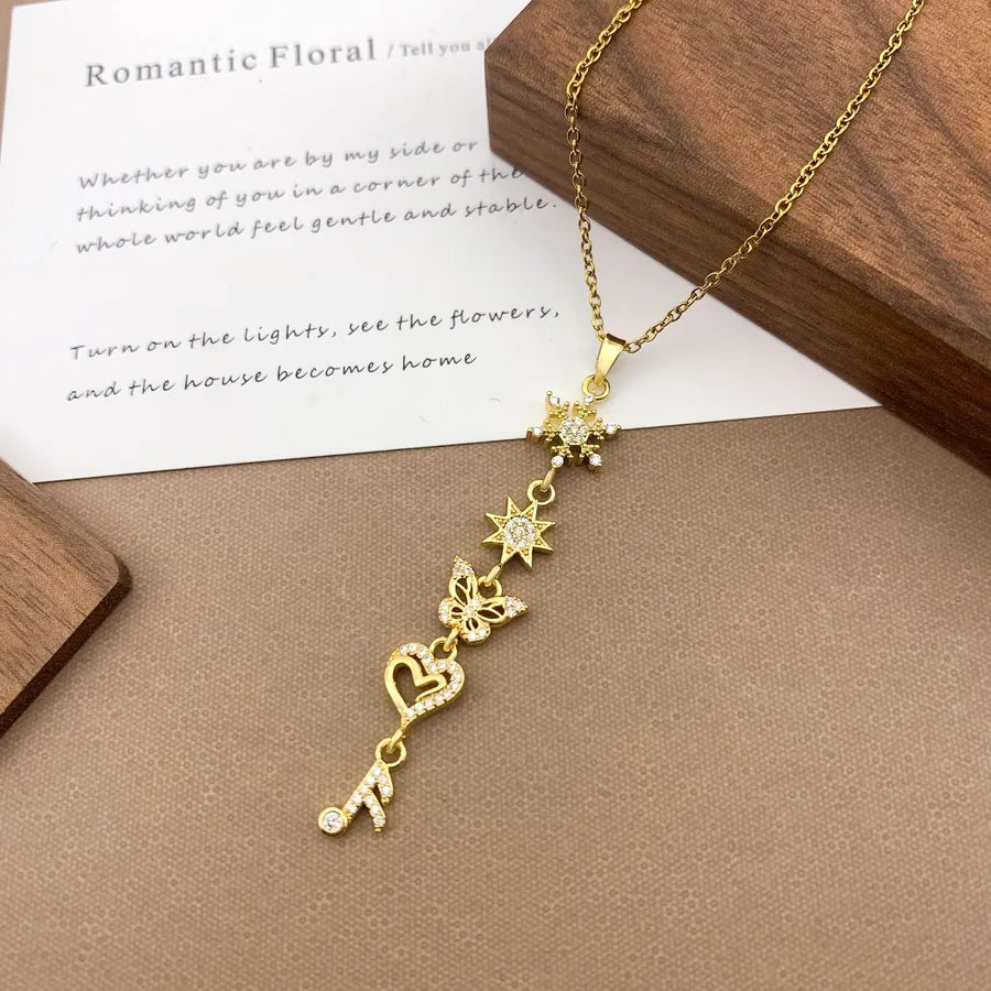 Gold Plated Sun Moon Star Pendant Necklace XL5128 Snowflake Butterfly Tassel Necklace Gold