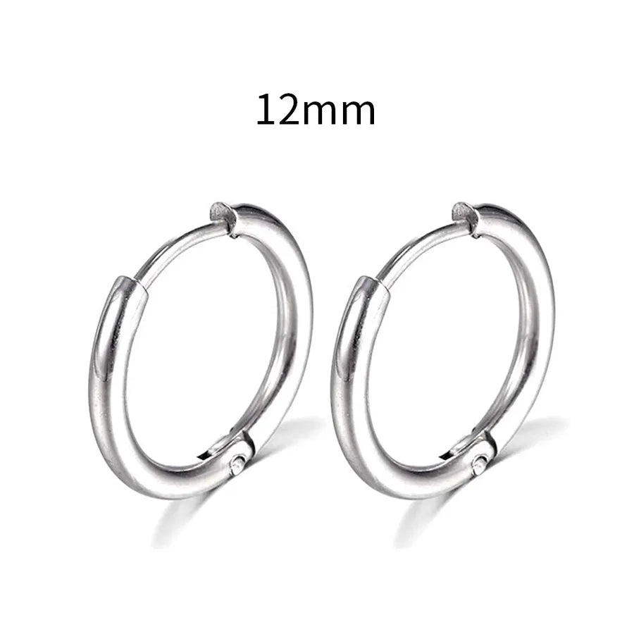 Men's Stainless Steel Round Hoop Earrings Steel Color 12mm