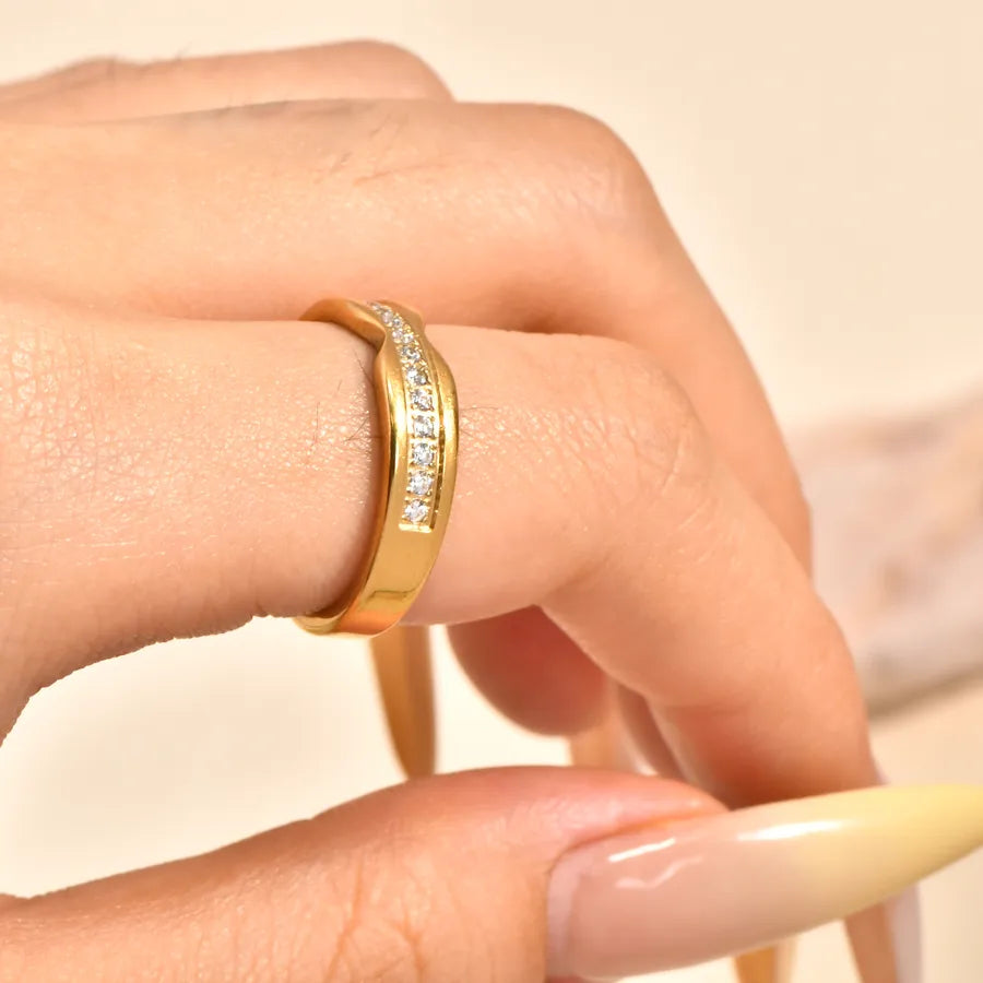 Gold-Plated Geometric Couple Ring with Zircon