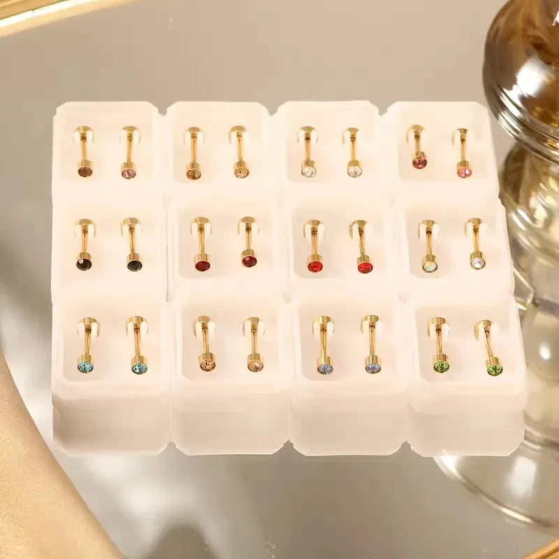 12 Pairs Gold & Silver Zirconia Stud Earrings Set