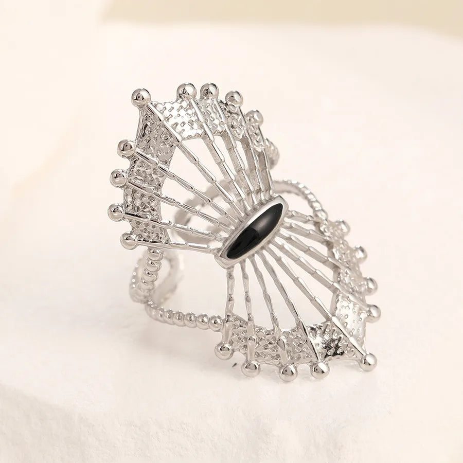 Adjustable Gold Crown Ring in Stainless Steel Adjustable Opening Steel-colored fan-shaped black eyes