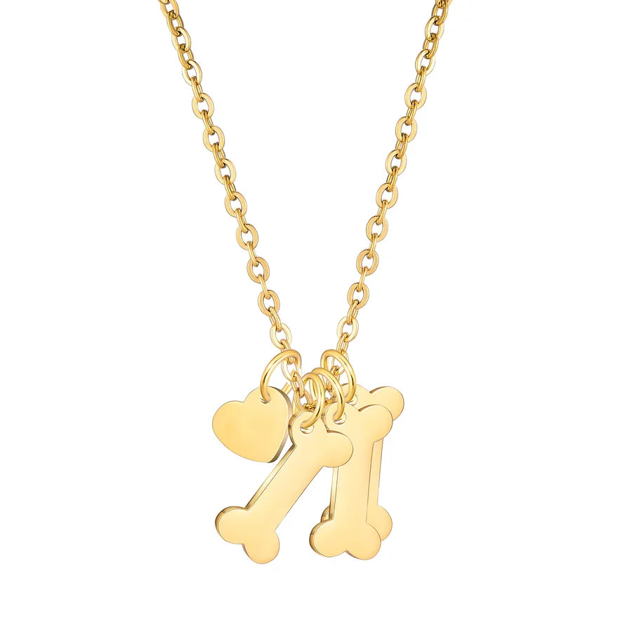 Gold Plated Heart & Bone Pet Name Necklace Necklace Dog Bone Heart Gold 3