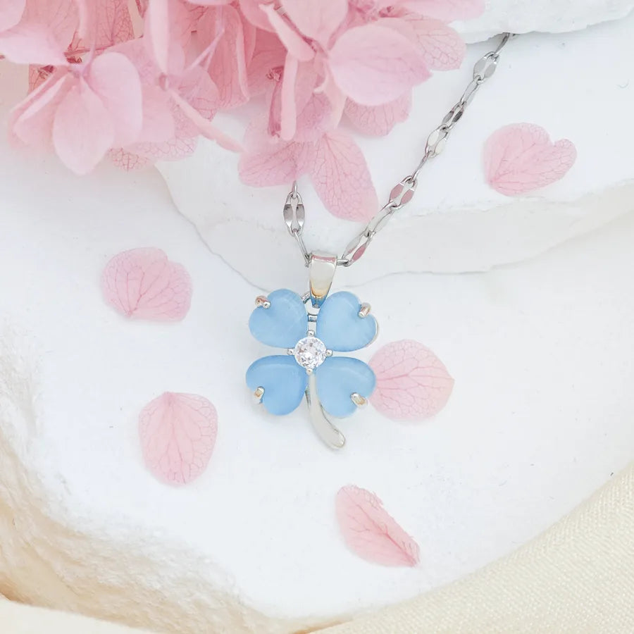 Titanium Steel Heart Clover Necklace XL293 Blue Cat Eye Four-Leaf Clover Necklace Silver Lip Chain
