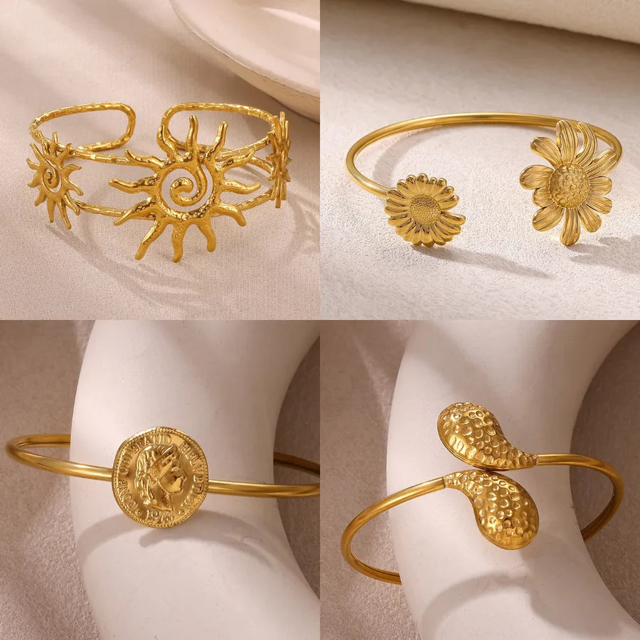 Sunflower Open Bangle in Stainless Steel