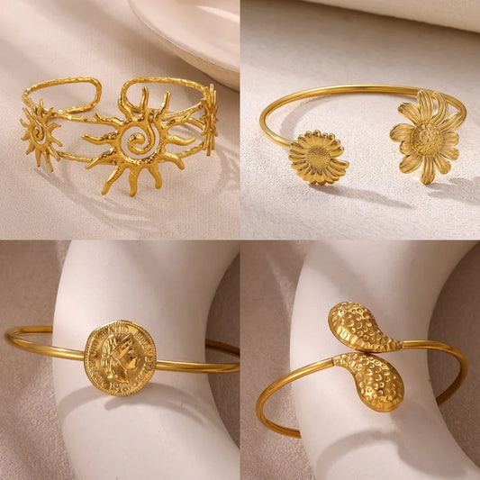 Sunflower Open Bangle in Stainless Steel