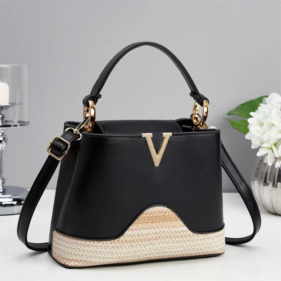 Spliced PU Leather Crossbody Bucket Bag