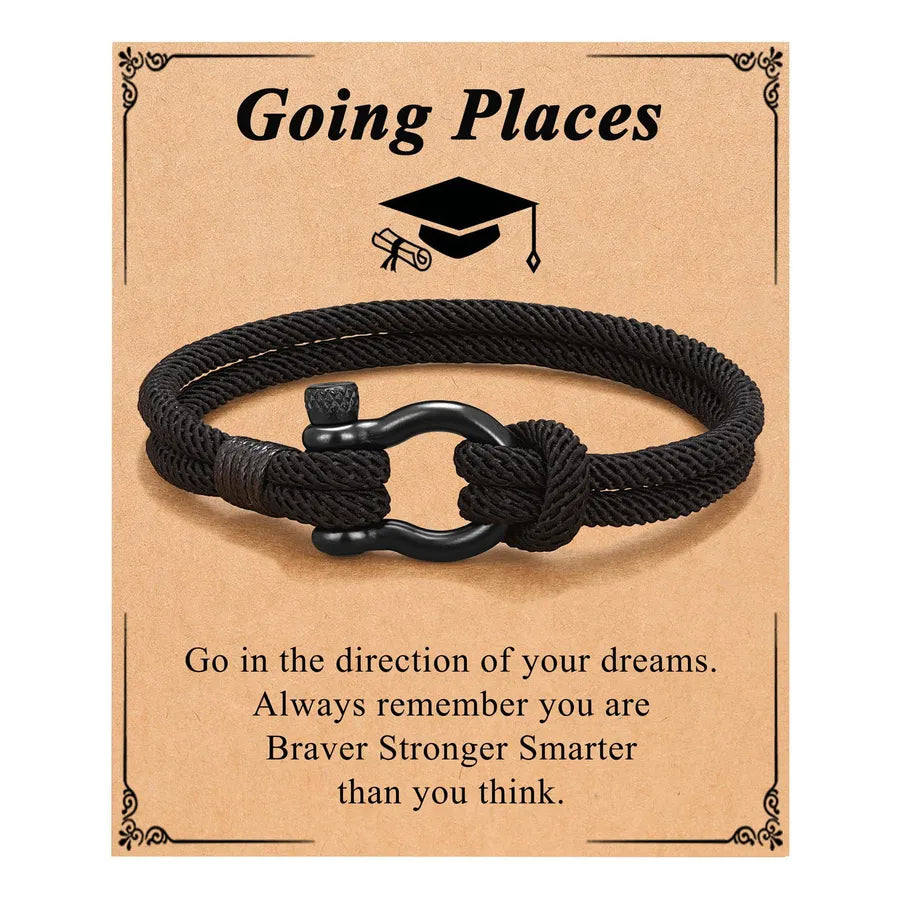 Black Milan Rope Bracelet with Horse Hoof Clasp Black + Doctoral Cap Going Place Card