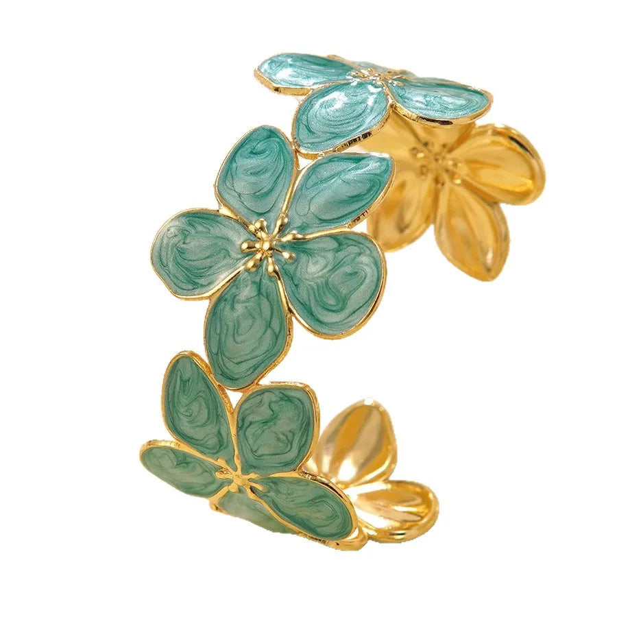Gold Floral Enamel Stainless Steel Cuff Bracelet