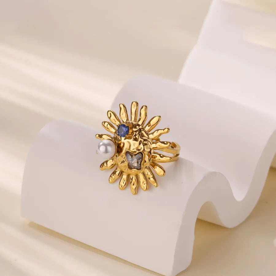 18K Gold Plated Open Ring with Pearl & Zircon