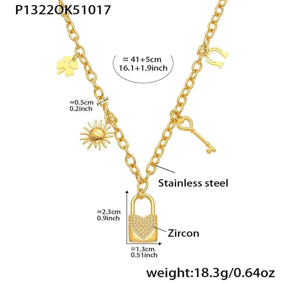 18K Gold Heart Lock Necklace with Zircon Charms