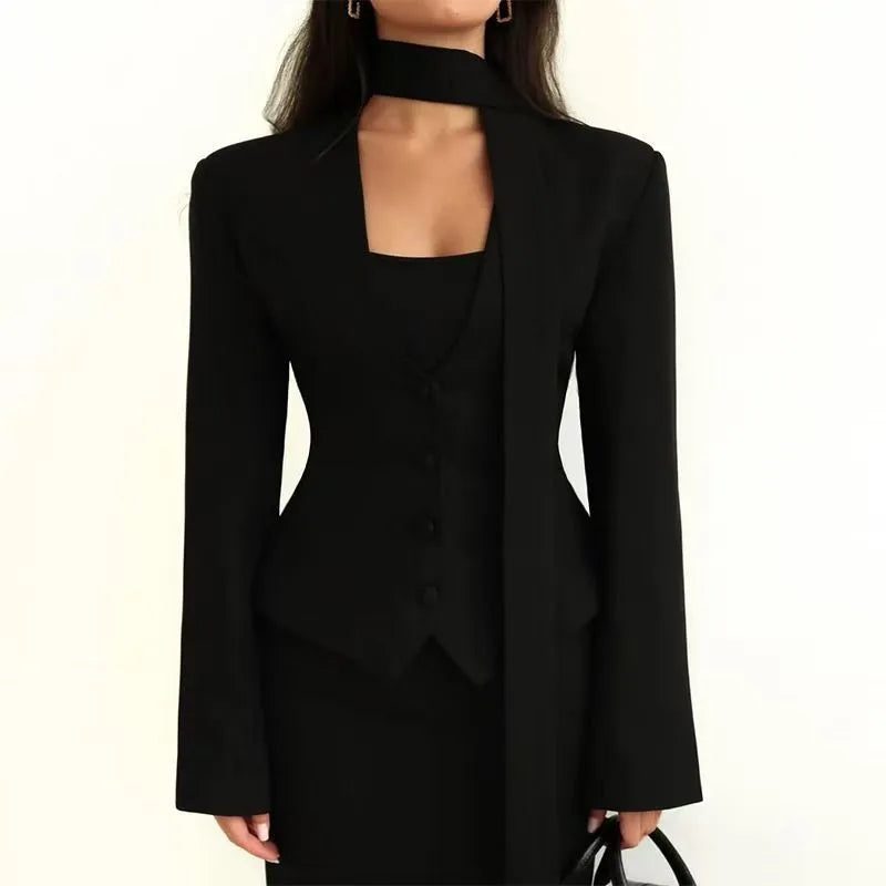 Elegant Puff Sleeve Stand Collar Blazer Sexy Black