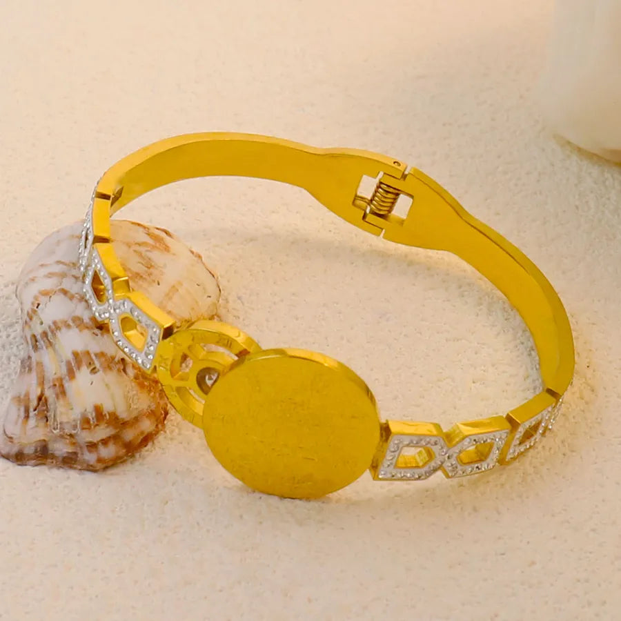 18K Gold Plated Zircon Hollow Stainless Steel Bracelet Average Size Gold Style 14