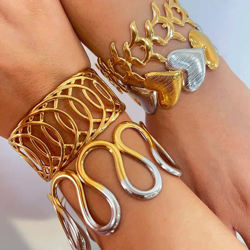 Gold Wave Leaf Heart Stainless Steel Bracelet