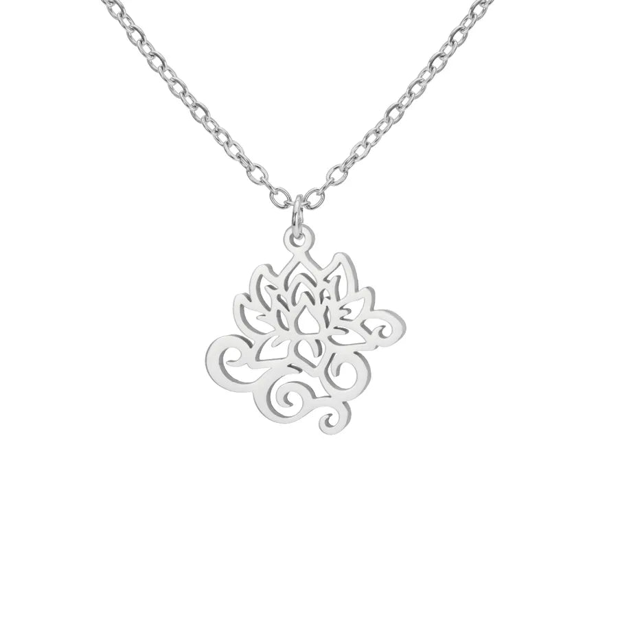 Stainless Steel Celtic Tree & Lotus Pendant Necklace Steel Color Curly Lotus
