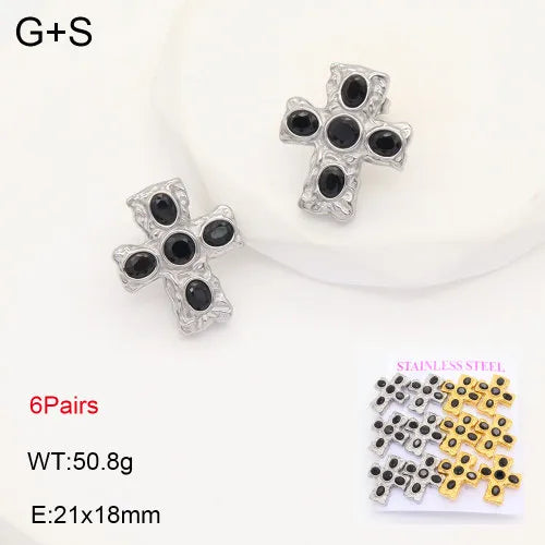 Gold Cross Zircon Earrings – Titanium Steel 21*18mm Black Diamond Two colors 6 Pairs Card