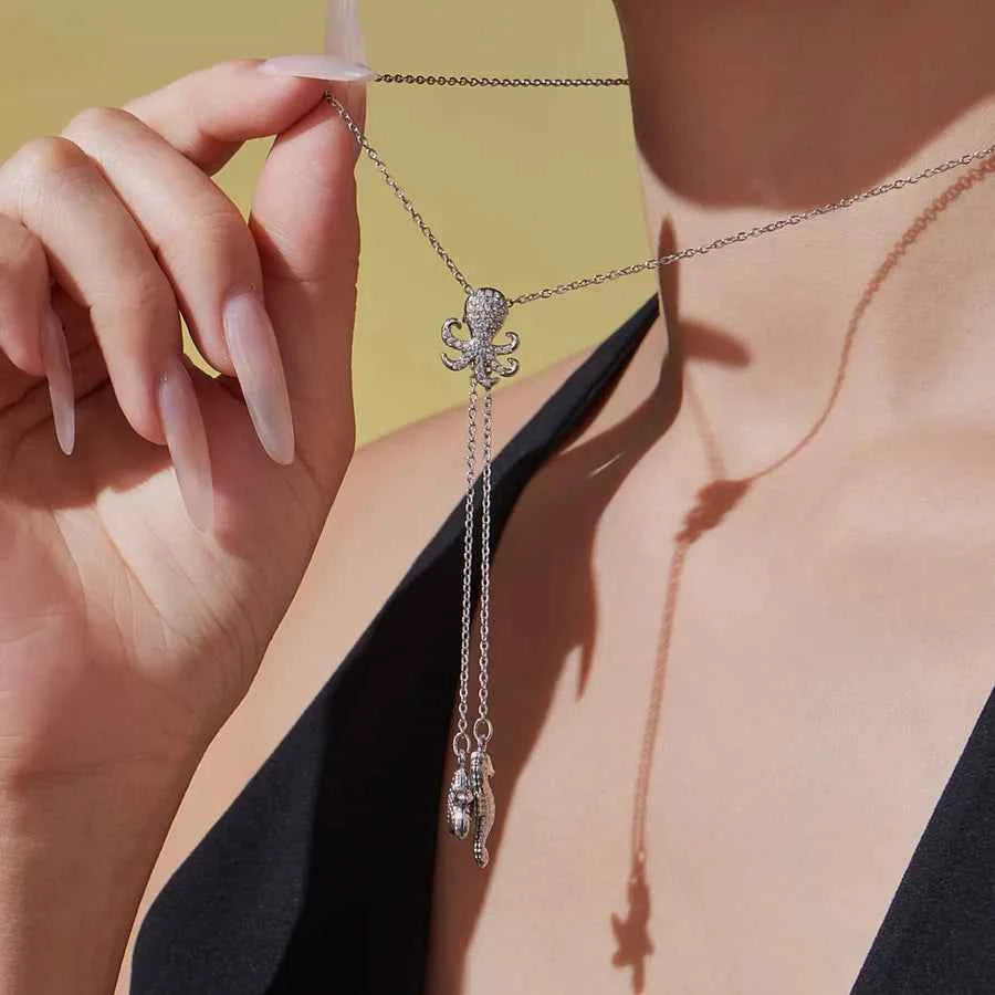 Gold Starfish Y Necklace with Zircon Accents