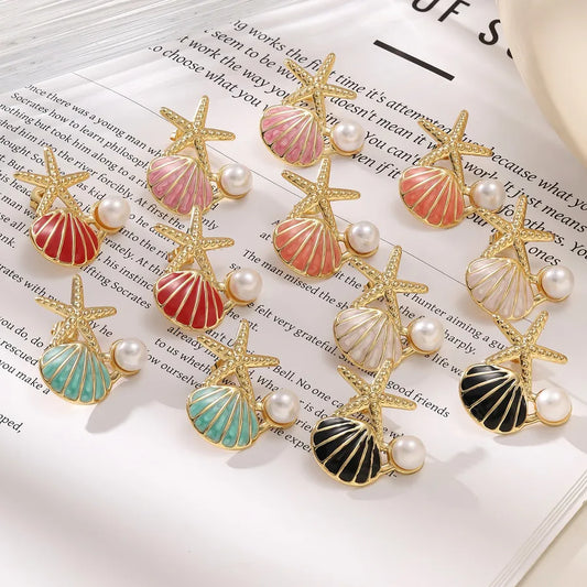 Starfish & Shell Pearl Earrings – Gold Stainless Steel