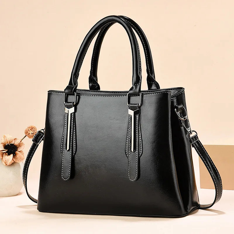 Large PU Leather Square Tote Handbag Style one Black