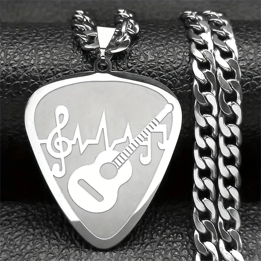 Stainless Steel Guitar Note Necklace for Men Silver