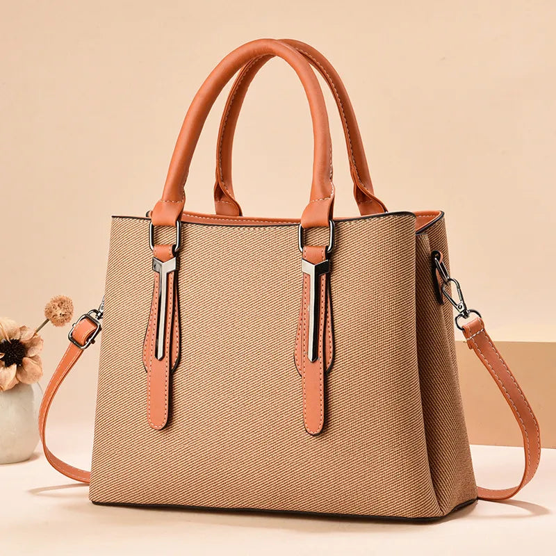 Large PU Leather Square Tote Handbag Style 2 Khaki