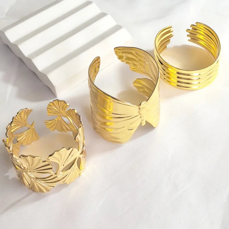 Gold Butterfly & Ginkgo Leaf Stainless Steel Bangle