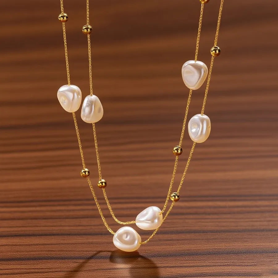 Double Layer Titanium Steel Heart Necklace X01072-Irregular Pearl-Necklace- Gold
