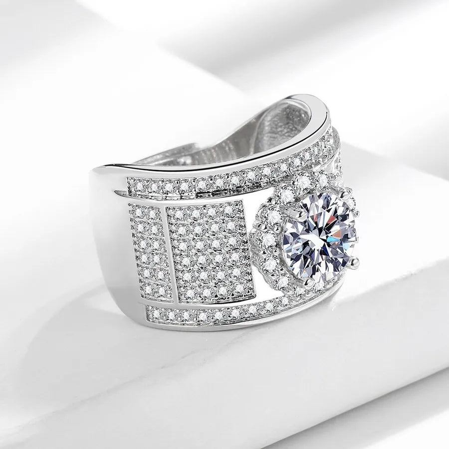 Men's Wide Geometric Diamond Ring in S925 Silver