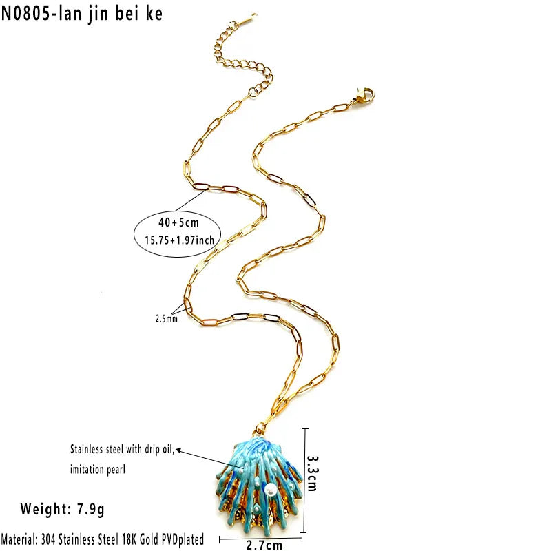 Ocean Shell Pendant Necklace – 18K Gold Plated Average Size Blue Gold Shell Necklace