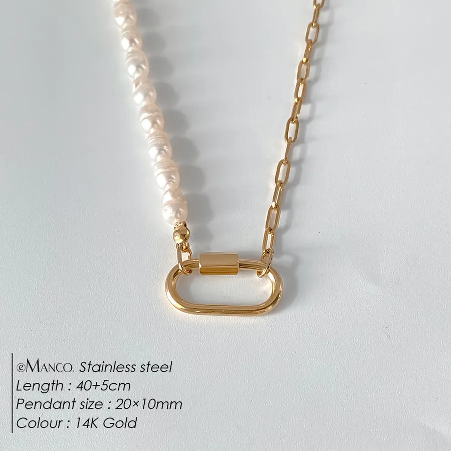 Geometric Pearl Stainless Steel Pendant Necklace XNL0052 Gold