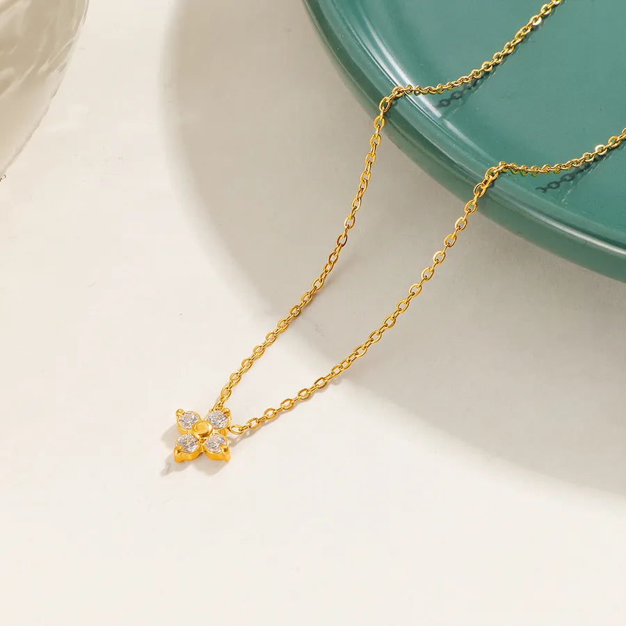 Gold Zircon Flower Pendant Necklace – 18K Plated