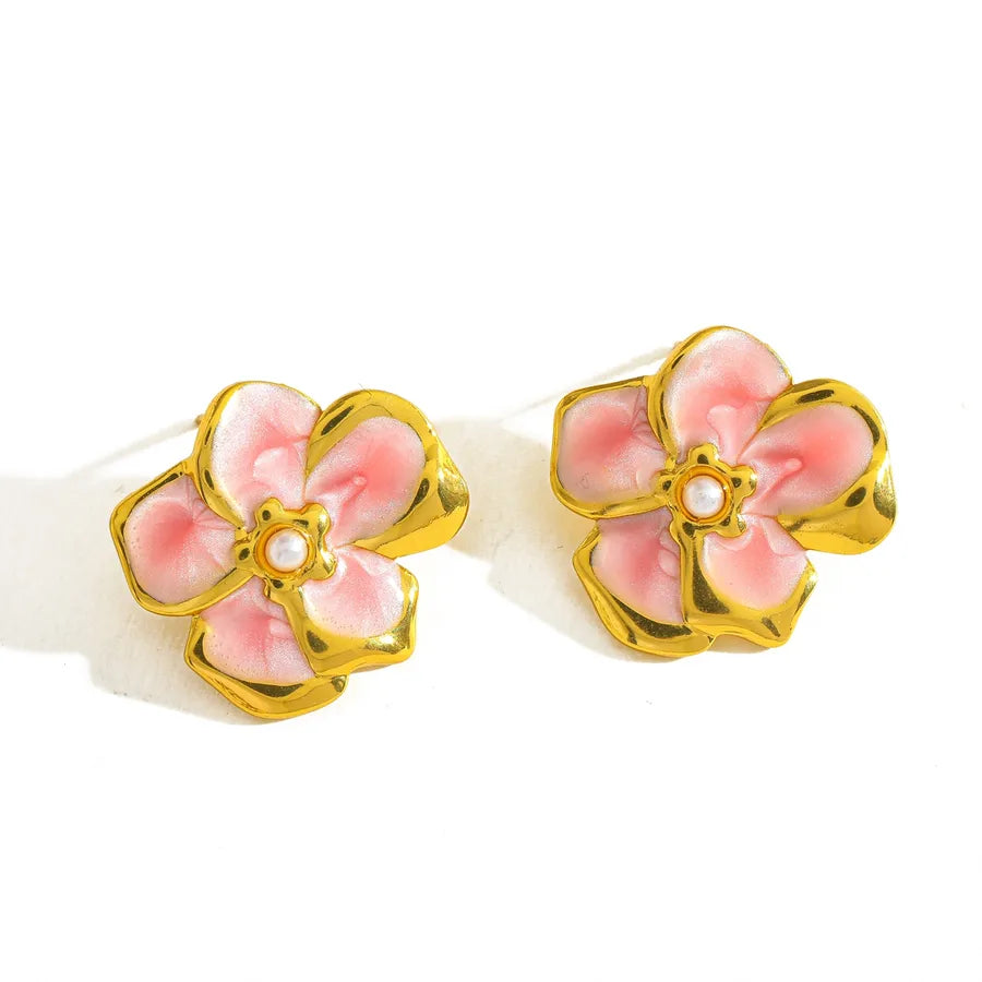 18K Gold Plated Pearl Flower Stud Earrings