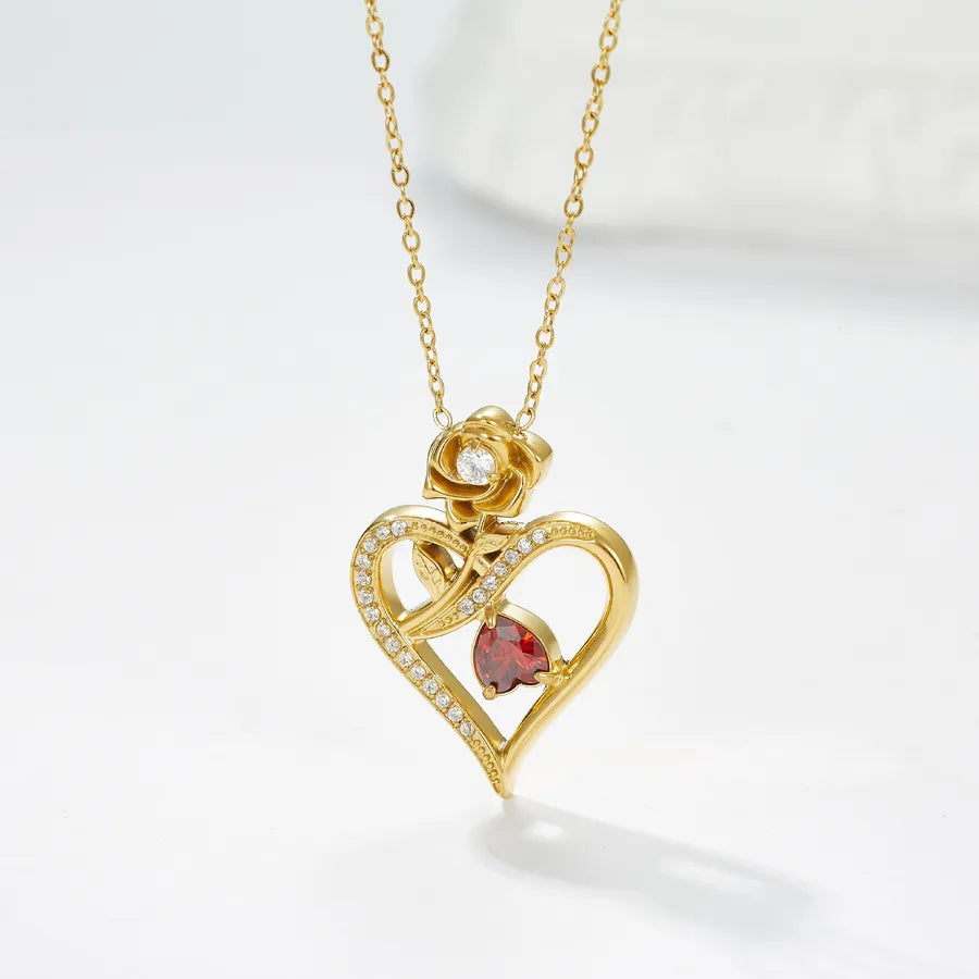 Titanium Steel Heart Necklace with Rose Detail N0451G Gold Rose Style