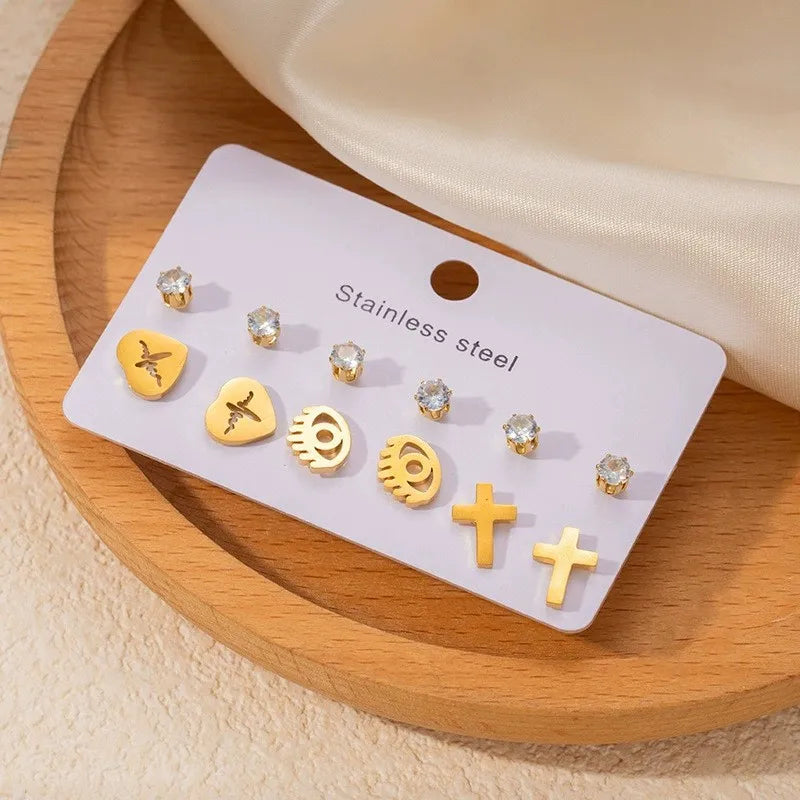 Heart & Cross Stainless Steel Stud Earrings Eye Hearts (6 Pairs)