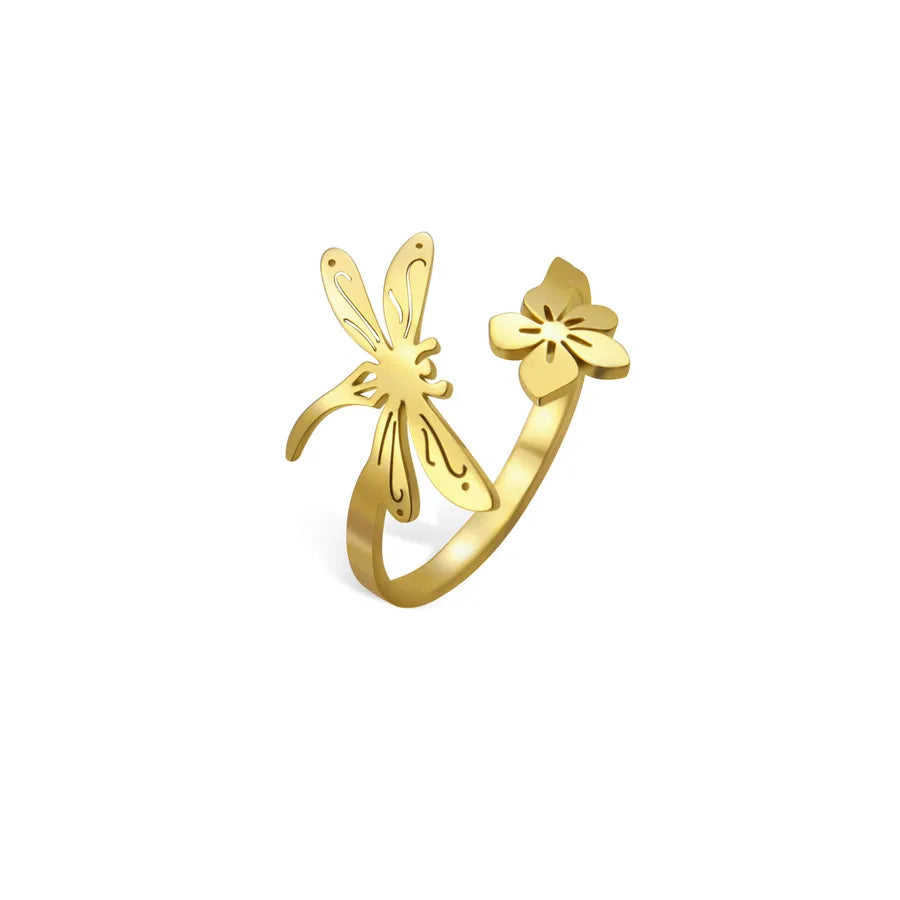Gold Five-Petal Flower & Insect Open Ring Gold Dragonfly Open Ring