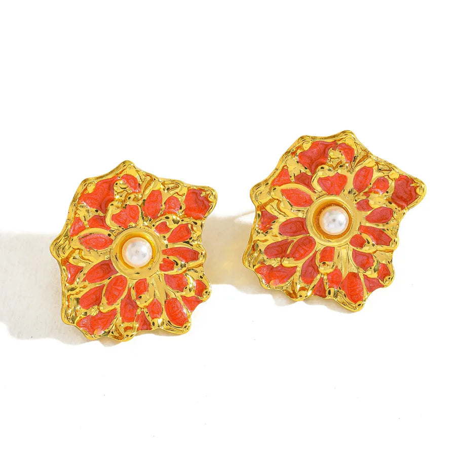 18K Gold Plated Pearl Flower Stud Earrings 23.64mm*21.08mm-Rose Red