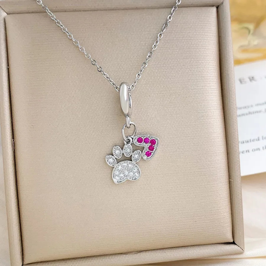 18K Gold Plated Zircon Pendant Necklace XL2147 Heart Paw Necklace Silver