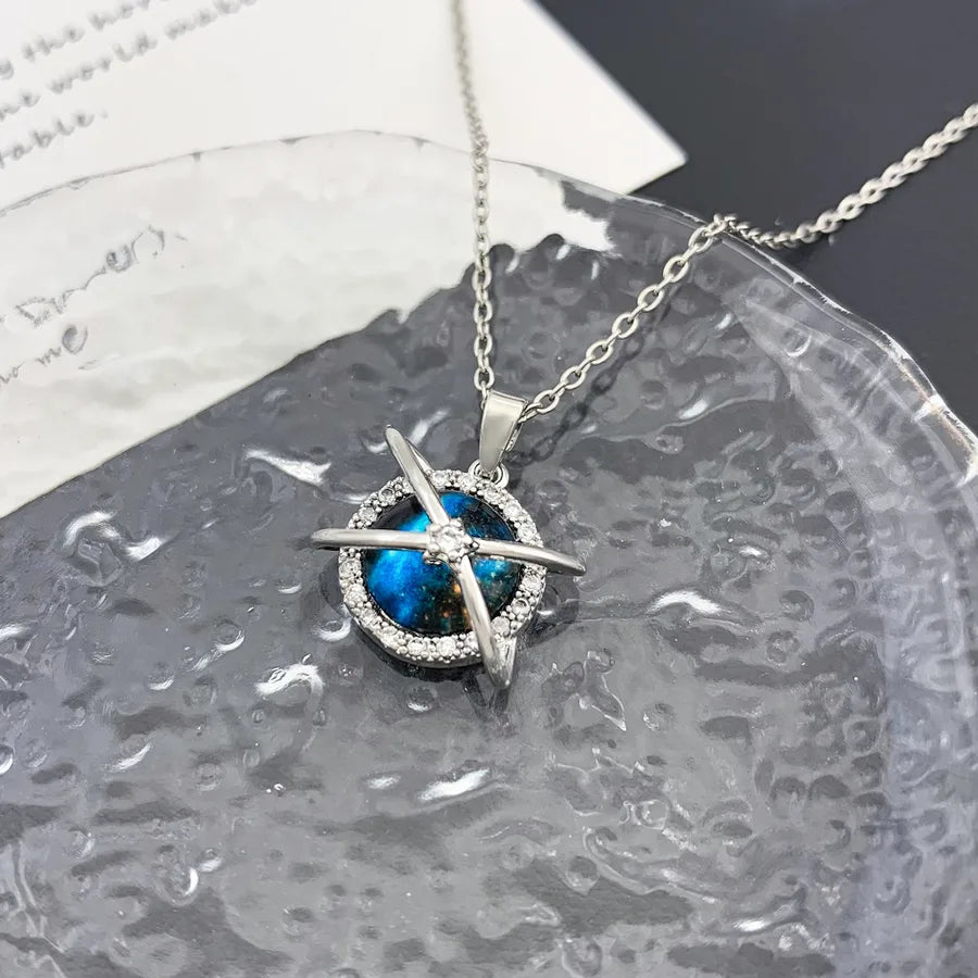 Starry Sky Planet Zircon Pendant Necklace XL1365 Cross Planet Necklace with Round Rings Silver