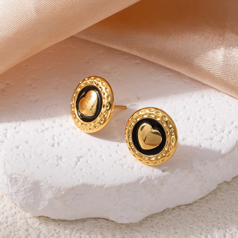 Moon Drop Titanium Stud Earrings Love Round Earrings-Black 1560