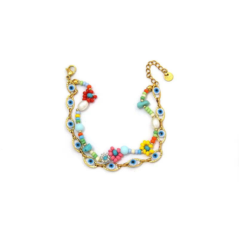 18K Gold Boho Eye & Flower Double Layer Bracelet BH0157-02-whiteblue