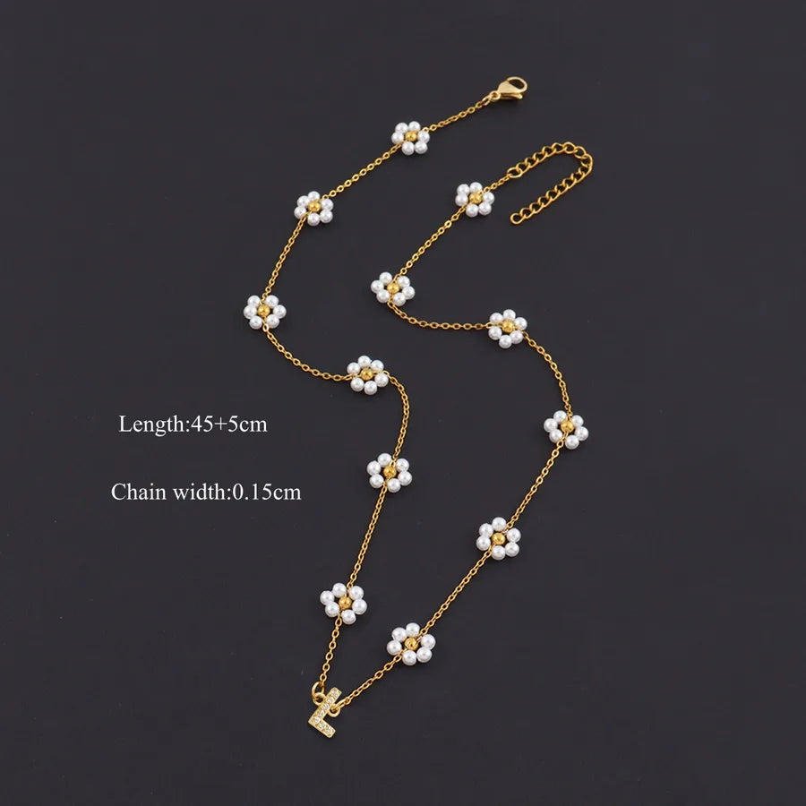18K Gold Plated Letter Pendant Pearl Necklace Gold L
