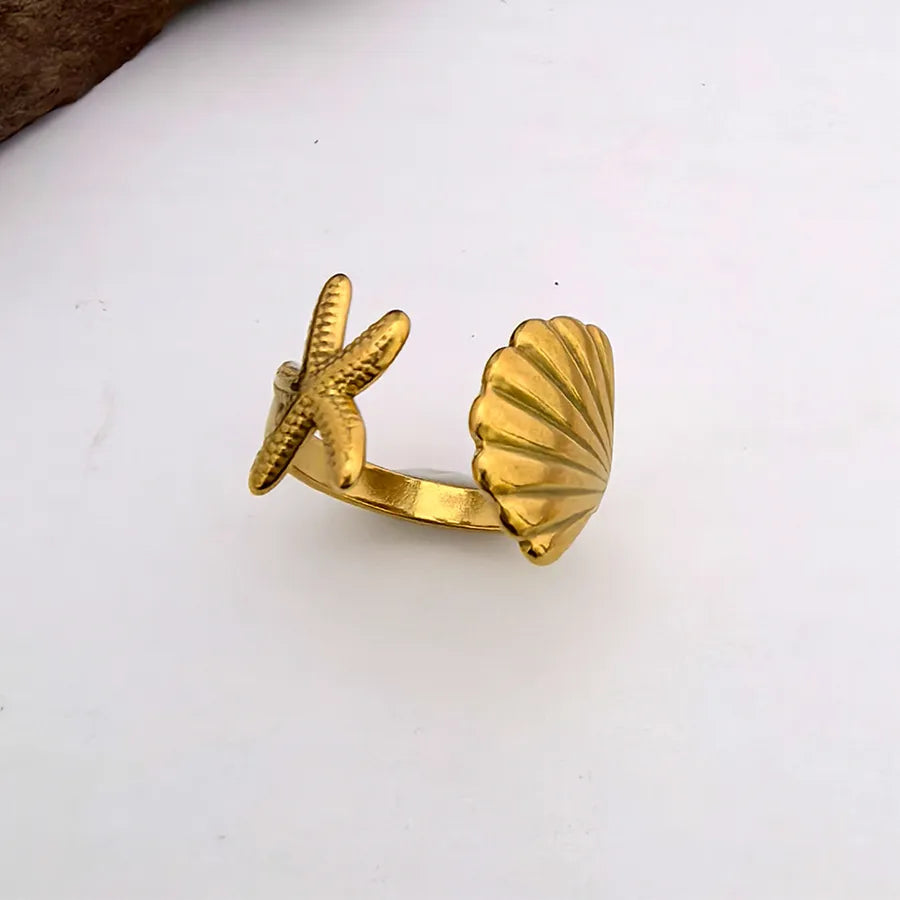 Adjustable Starfish & Shell Ring – Titanium Steel Adjustable Opening Starfish Shell