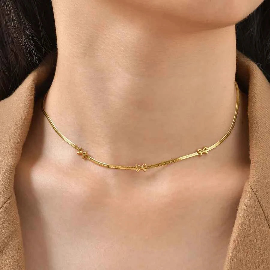 Gold Plated Heart & Bow Stainless Steel Necklace