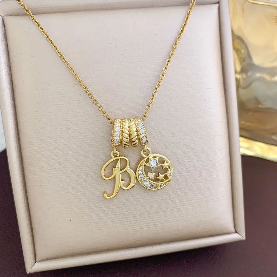 Aurora Star Pendant Necklace – Titanium & Zircon XL4483 Moon and Star Combination Necklace Gold