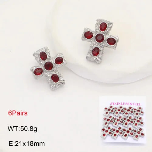 Gold Cross Zircon Earrings – Titanium Steel 21*18mm Red Diamond Silver 6 Pairs Card