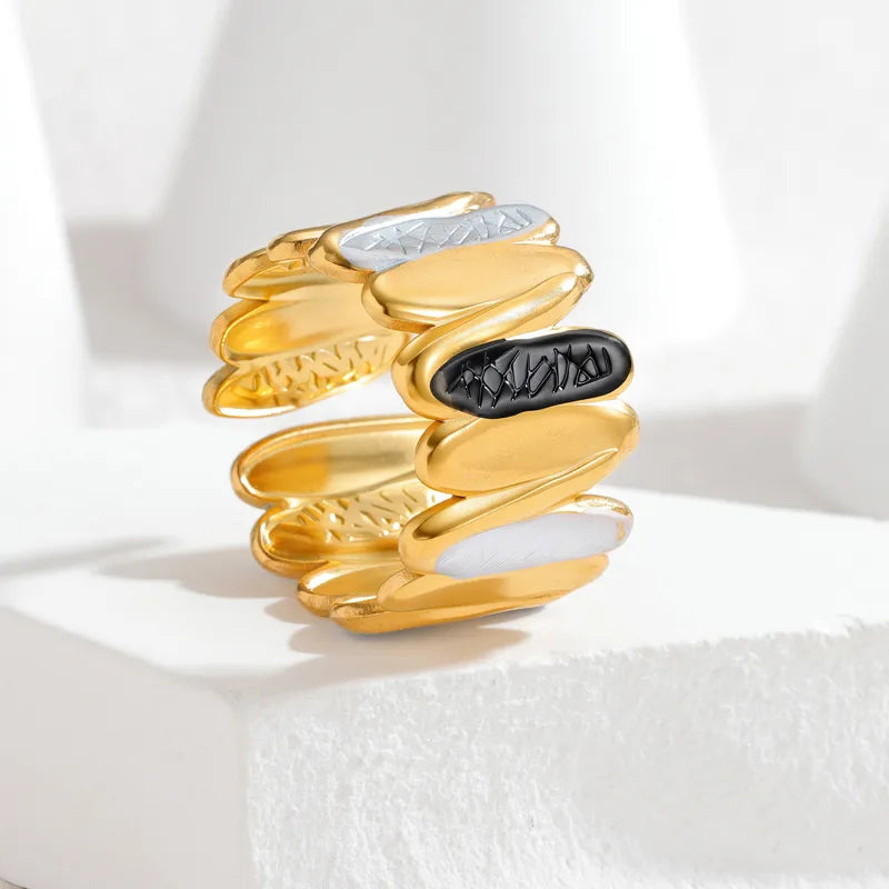 18K Gold Plated Enamel Stainless Steel Ring R879-Black and White
