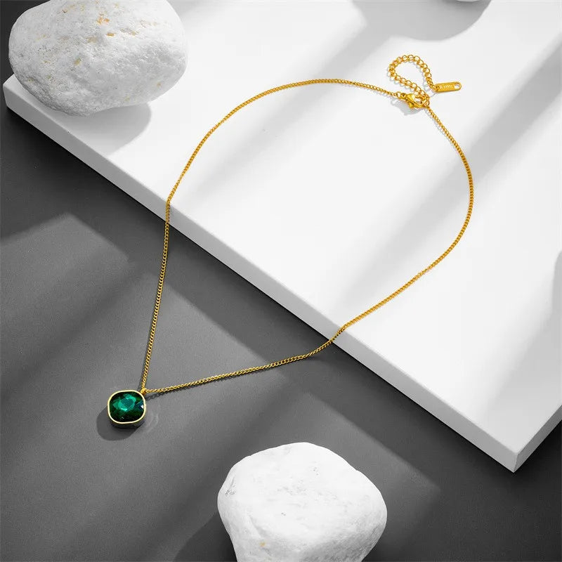 Green Zircon Gold-Plated Geometric Locket Necklace