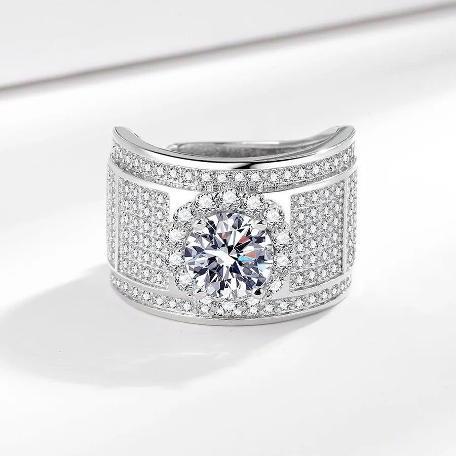 Men's Wide Geometric Diamond Ring in S925 Silver