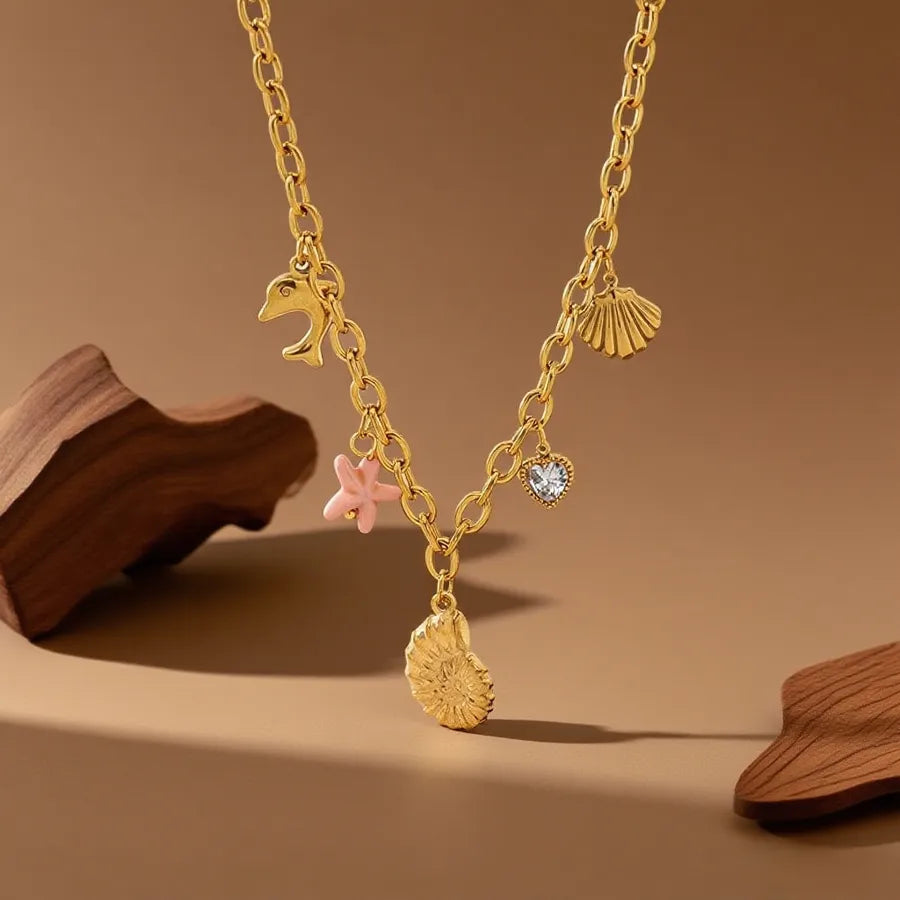 Titanium Steel Heart Pendant Necklace X01246-White Diamond Pink Starfish-Necklace- Gold