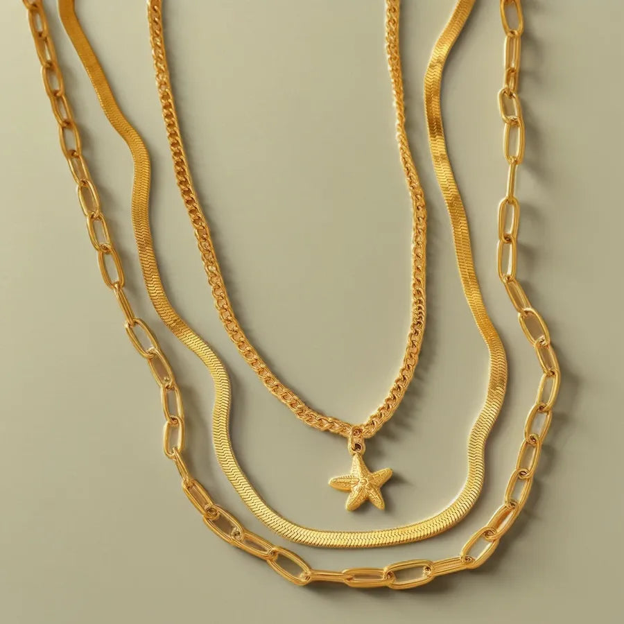 Gold Plated Stainless Steel Layered Pendant Necklace Average Size Gold 005#