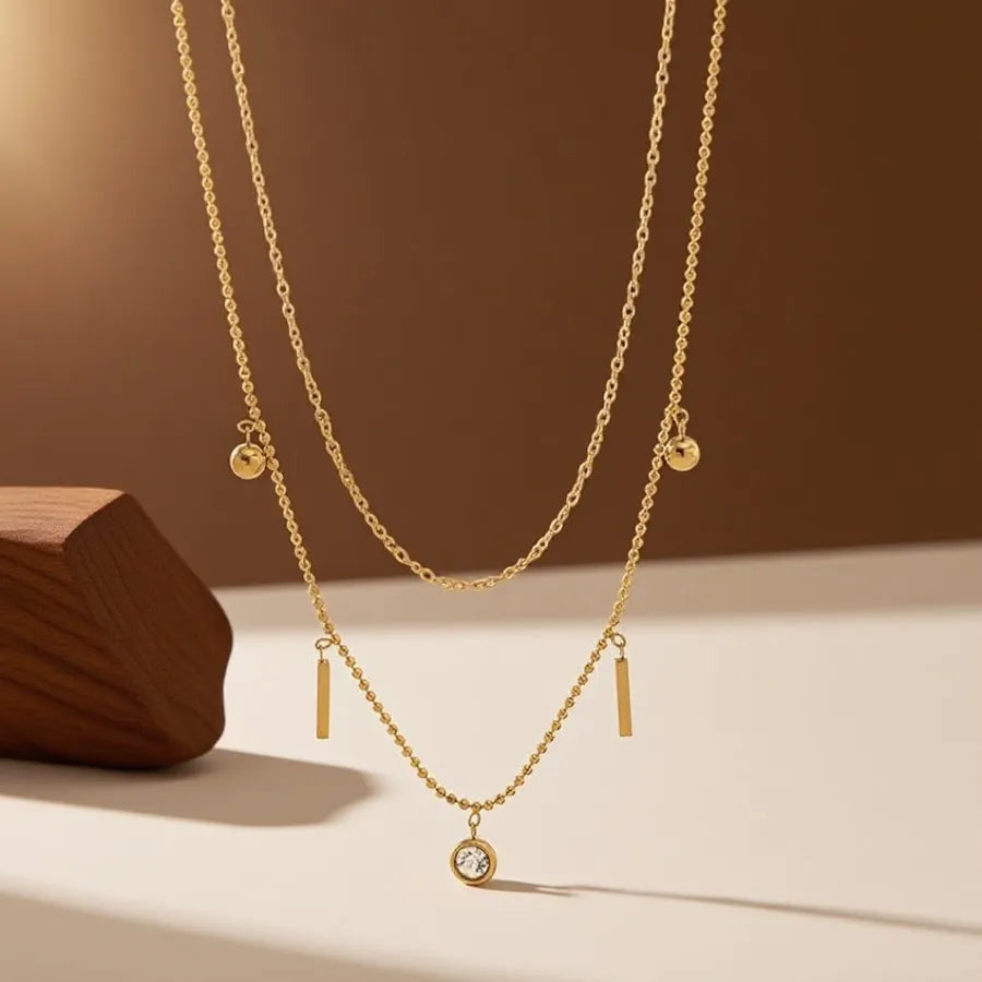 Titanium Steel Heart Pendant Necklace X0335-Zircon Long Bar Double Chain Necklace - Gold